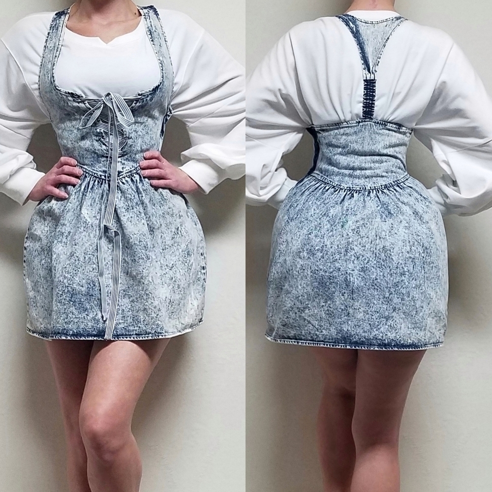80s Vintage Amy Too Byer California Acid Wash Cotton Lace-up Mini Skater Dress S